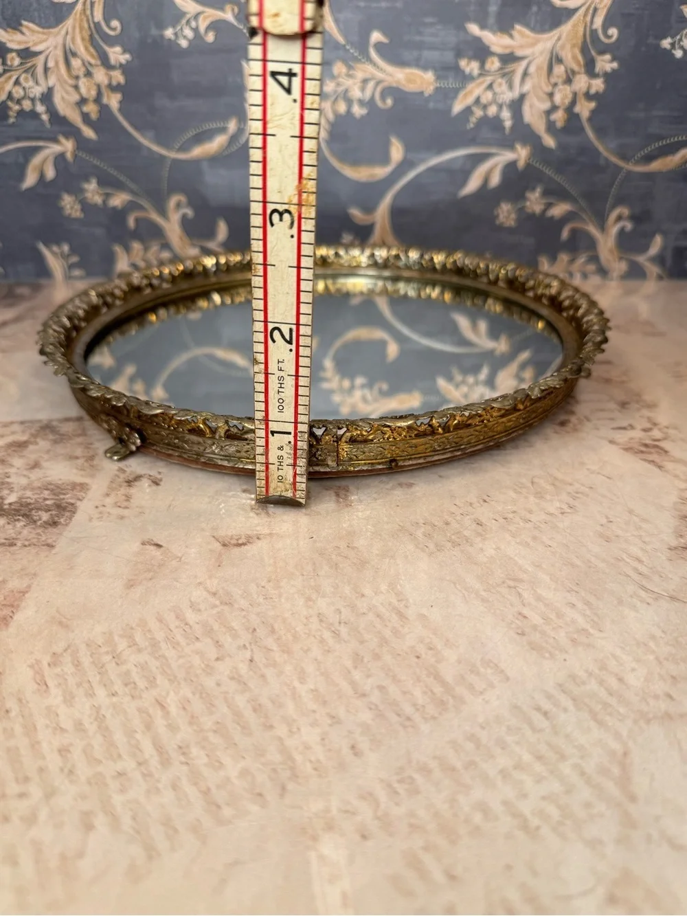 Vintage Round Gold Filigree Mirrored Vanity Tray Hollywood Regency 9 Inch